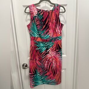 Signature by Sangria Tropical Palm Midi Dress - Pink & Teal